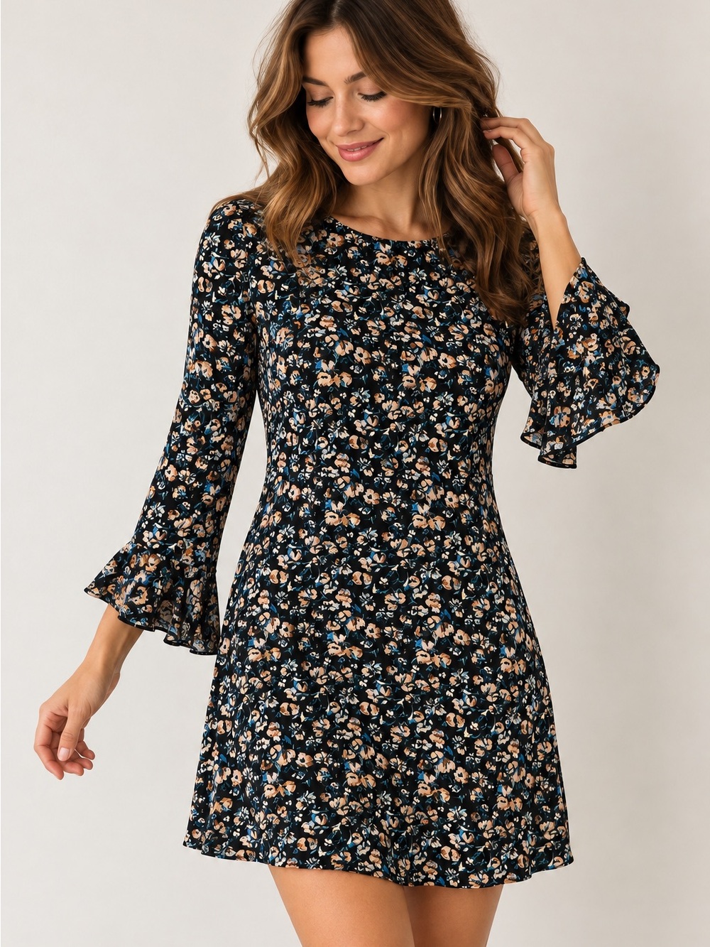 Free People Say Hello Micro Floral Fitted Mini Dress M Black Long Sleeve
